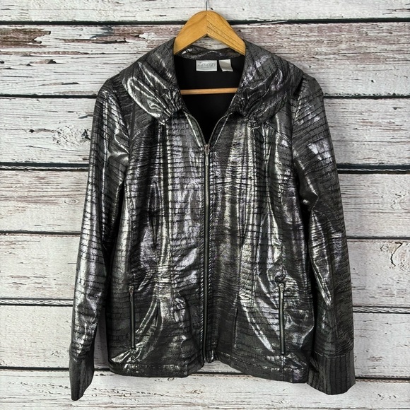 Zenergy by Chico’s Silver Black Metallic Jacket Size 1 Medium Zipped Pockets EUC - Picture 1 of 14